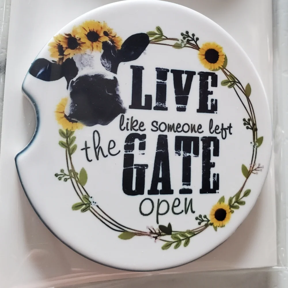 Live like someone left the gate open Set Of 2 Ceramic Car Coasters  Cow